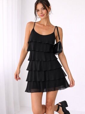 A.B.S by Allen Schwartz Black Tiered Ruffle Chiffon Dress Sz 8 Strappy Cocktail